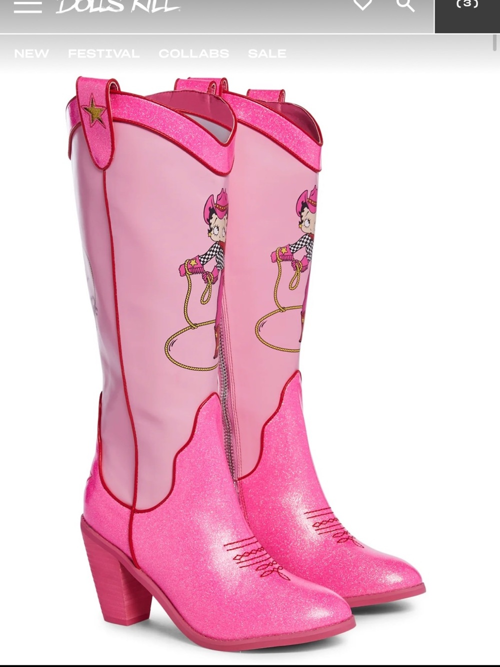 Betty Boop Pink Glitter Western Knee Boots with Gold Star Accents - Picture 3 of 10